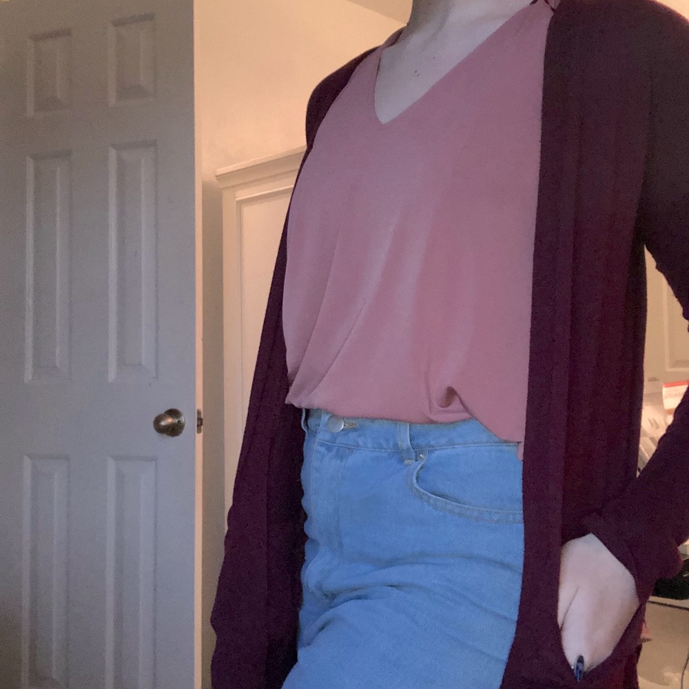 camisole and maroon cardigan